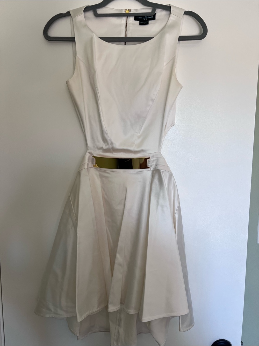 GUESS by Marciano White Satin Fit-and-Flare Dress with Gold Waist Accent